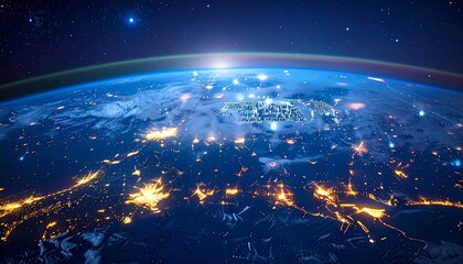 Earth from Space: An awe-inspiring view of Earth from space, with the vibrant lights of cities shining against the dark backdrop of the cosmos, hinting at innovation and exploration.