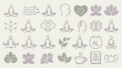 Collection of minimalist yoga and meditation icons representing wellness mindfulness and healthy lifestyle concepts perfect for apps and web design