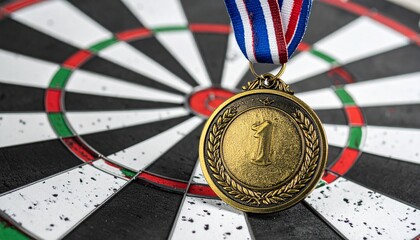 Dartboard Medal: A close-up shot of a dartboard with a gold medal, symbolizing achievement, competition, and precision. Capturing the spirit of winning and the pursuit of excellence.