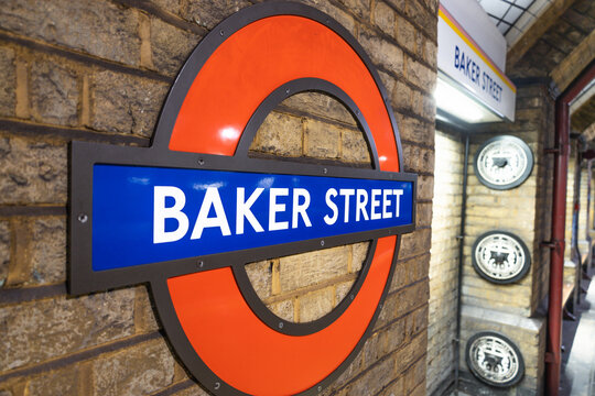 Baker Street Underground Station Sign and Roundel. London, UK, 25 February 2024