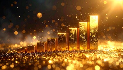 Golden Ascent: An elegant visualization of business growth, featuring gold bars arranged in a rising graph pattern, symbolizing success and financial progress.