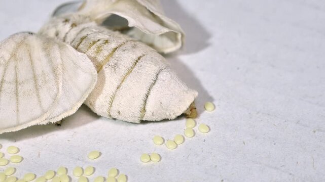 Silkworm moth (Bombyx mori) laying eggs in close-up. Detailed footage of insect reproduction, oviposition behavior, and the silkworm life cycle in a controlled environment.
