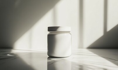 Minimalist sugar jar surrounded by abstract colored shadows on a clean white counter, symbolizing simplicity and elegance.