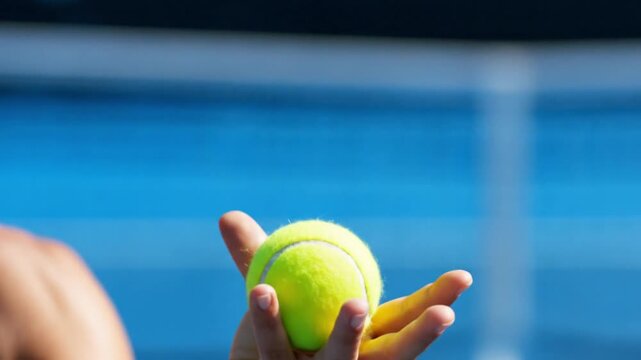 A vibrant yellow ball is captured midair just above a persons outstretched hand set against a blurry blue sports backdrop