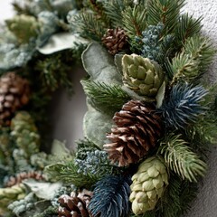 Close-up of a rustic winter wreath with pine cones and evergreen branches