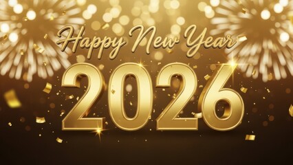 Happy new year 2026 script on golden background with festive fireworks and confetti