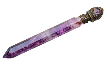 Magical crystal wand for wizards displayed on plain white surface isolated on transparent background