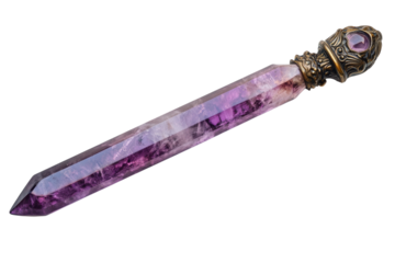 Magical crystal wand for wizards displayed on plain white surface isolated on transparent background