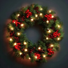 Illuminated Christmas wreath with pine cones and red berries on a dark background