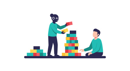 A man and an AI character work together, joyfully building a tall tower out of colorful blocks, symbolizing collaborative creation.