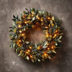 Elegant Christmas wreath with warm fairy lights and natural greenery on textured background