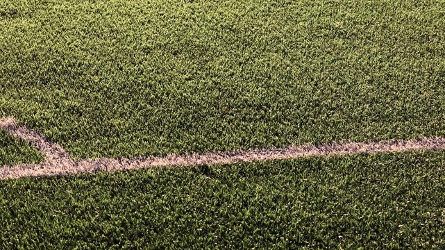 Close up of painted white lines on artificial grass marking boundaries of a football field showing detailed texture and realistic soccer concept with ball and sports activity