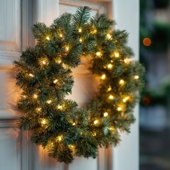 Illuminated Christmas wreath with warm fairy lights on a white door