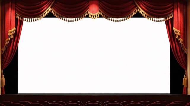 A view of a grand theater stage with rich red velvet curtains draped and tied back framing a bright blank screen above rows of empty seats