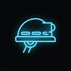 Blue neon sign of a construction hard hat shining over black background