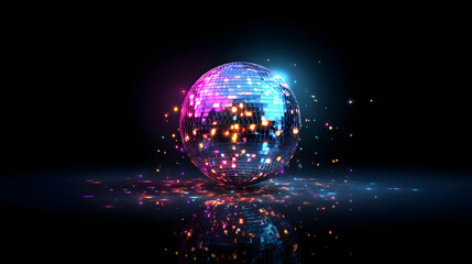 Large disco ball reflecting colorful specular light on a plain empty black background