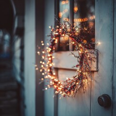 Festive holiday wreath with warm fairy lights adorns a rustic wooden door