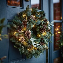 Festive Christmas wreath with pine cones and fairy lights on a dark door