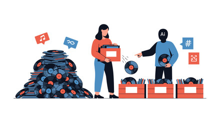 Woman and an AI robot collaborate to sort and categorize a large pile of vinyl records into organized crates with metadata tags.