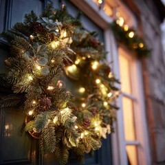 Festive Christmas wreath with warm fairy lights adorning a dark green door