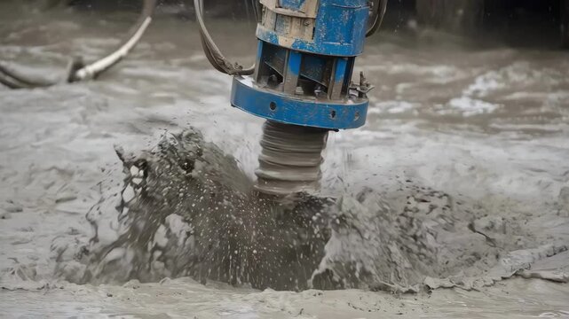 Medium shot of hydraulic dredging system pumping sediment slurry from marina bottom illustrating fluid pressure technology in marine excavation process.