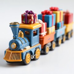 Toy train carrying colorful gift boxes on a white background, festive holiday delivery