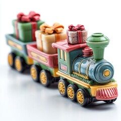 Festive toy train carrying wrapped Christmas gifts on a white background