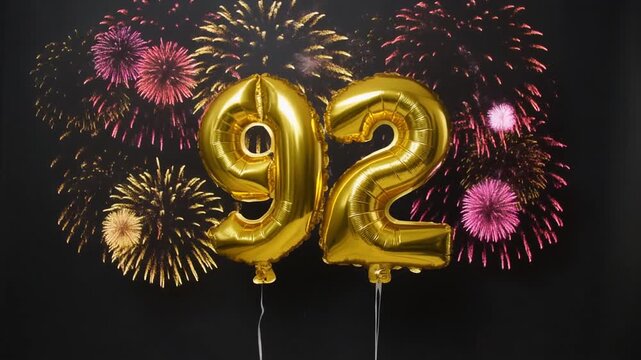 Gold balloon number 92 with fireworks in the background. Festive scene for birthday or anniversary party