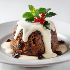 Delicious Christmas pudding with brandy butter and festive garnish on a white plate