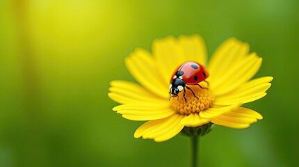 Fototapeta premium Red ladybug on sunny yellow flower, natural backdrop