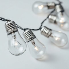 Close-up of a string of clear incandescent light bulbs on a white background
