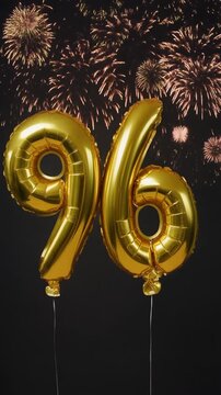 Gold balloon number 96 with fireworks in the background. Festive scene for birthday or anniversary party