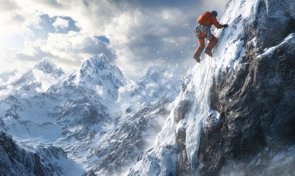 Mountain climber scaling a rugged icy cliff, a sense of danger and determination against a dramatic alpine backdrop, crisp detail,