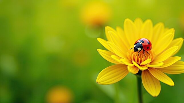 Ladybug resting on a vibrant yellow flower petal