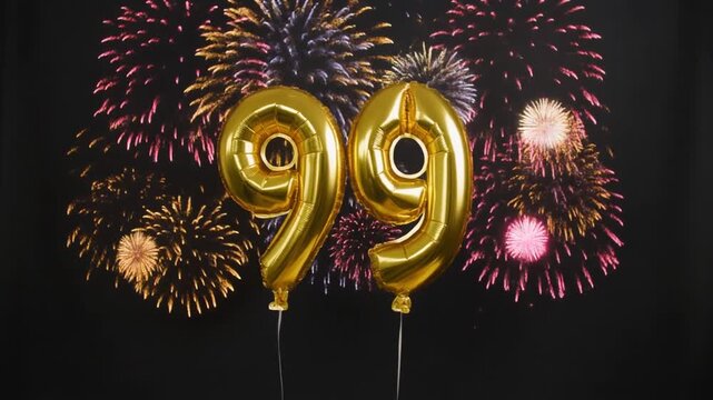 Gold balloon number 99 with fireworks in the background. Festive scene for birthday or anniversary party