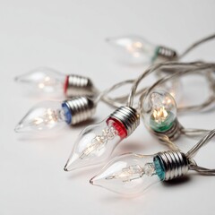 Close-up of vintage-style string lights with red, blue, and green accents on a white background