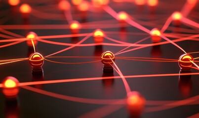 Network of glowing red nodes connected in a grid, representing advanced data systems and digital innovation.
