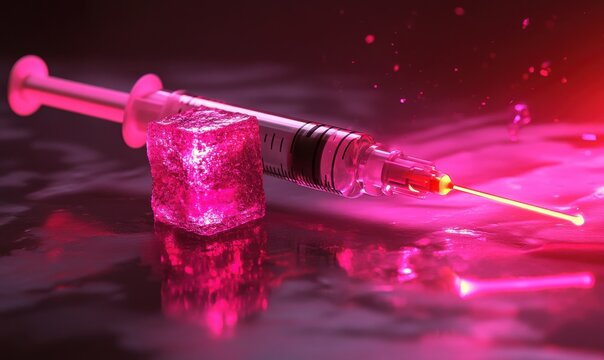 Neon-lit syringe injecting a glowing pink liquid into a sugar cube, creating a provocative and futuristic visual. - Powered by Adobe