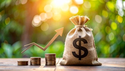 Financial Growth and Prosperity: An upward-trending graph symbolizes economic progress, with stacked coins and a money bag indicating financial expansion, symbolizing prosperity.