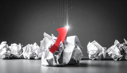 Idea and Innovation: A vibrant red arrow piercing through a crumpled paper landscape, symbolizing innovative thinking and the triumph of a brilliant idea.