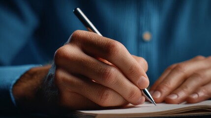 A person's hand writing in a notebook, focused on pen and paper