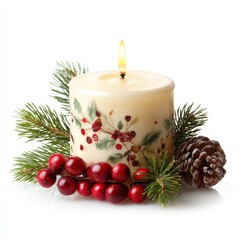 Festive Christmas candle with holly berries, pine cone, and fir branches