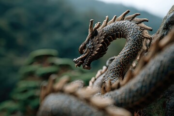 Fototapeta premium Mythical Japanese Dragon Floating Among Clouds in Cinematic Landscape 