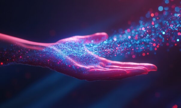 Outstretched hand holding glowing holographic data streams, representing seamless digital connectivity and technological advancement. - Powered by Adobe