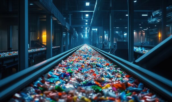 Overflowing conveyor belt carrying vibrant recyclable materials in a high-tech waste sorting facility, illuminated with soft industrial lighting.