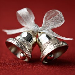 Elegant silver Christmas bells tied with a festive ribbon on a red background