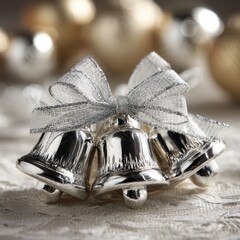 Elegant silver bells tied with a shimmering ribbon, perfect for holiday decor