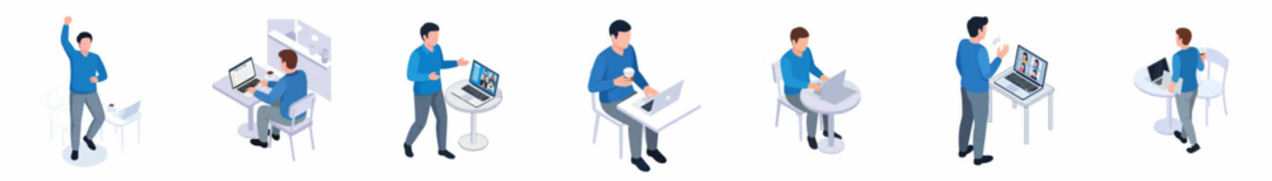 Isometric Man Character Doing Different Activity Set Illustration Element