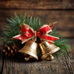 Golden Christmas bells with red ribbon and pine branches on rustic wooden background