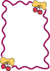 Colorful Hand Drawn Cherry and Yellow Bow Border with Wavy Pink Frame for Creative Summer Fruit Greeting Card Design
